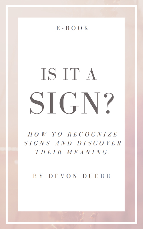 Rectangle of a slightly transparent pink and white gradient with a white box in the center. The text in the white centered box reads "E-book.Is it a Sign? How to recognize signs and discover their meaning. By Devon Duerr."