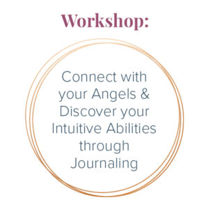 Layered golden circles outlining the text "Workshop: Connect with your Angels & Discover your Intuitive Abilities through Journaling